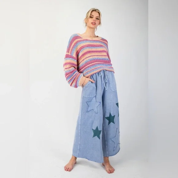 NWT Easel Blue Wide Leg Pants with Green Star Accents - Picture 2 of 5